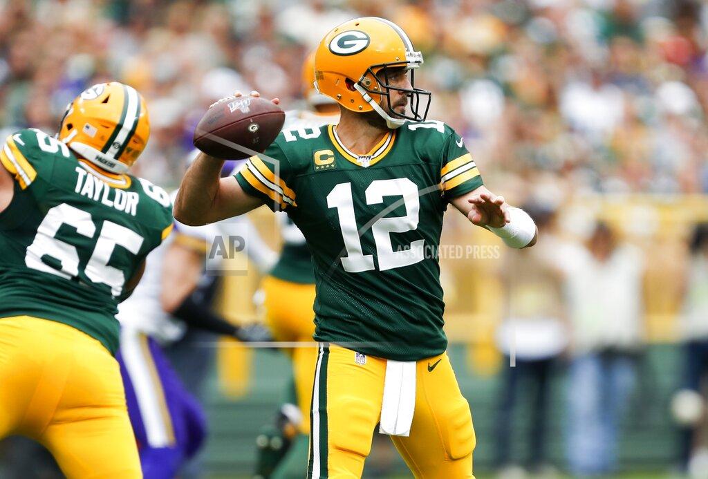 Matt Ludtke Green Bay Packers' Aaron Rodgers throws during the first half of an NFL football game against the Minnesota Vikings Sunday, Sept. 15, 2019, in Green Bay, Wis. (AP Photo/Matt Ludtke)