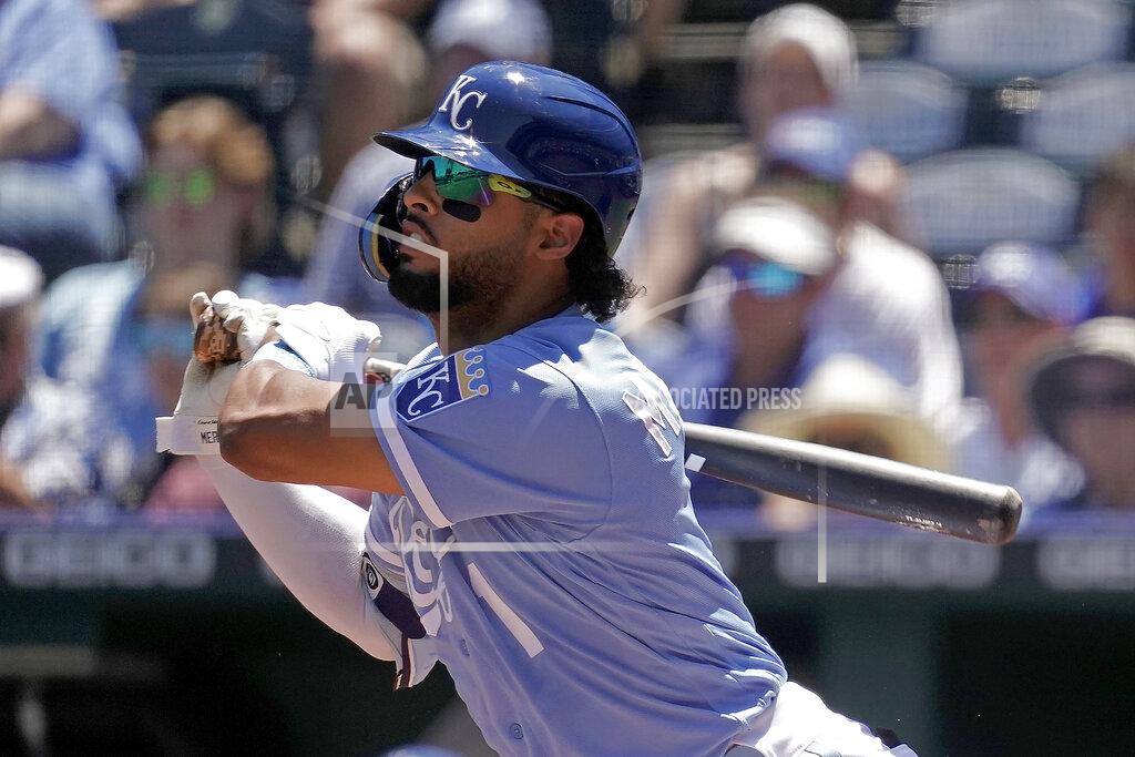 Charlie Riedel Kansas City Royals' MJ Melendez hits an RBI single during the first inning of a baseball game against the Texas Rangers Wednesday, June 29, 2022, in Kansas City, Mo. (AP Photo/Charlie Riedel)