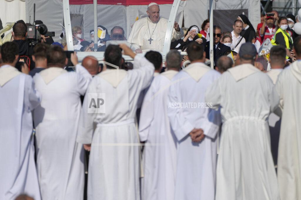Gregorio Borgia Pope Francis arrives to celebrate a Mass in the esplanade of the National Shrine in Sastin, Slovakia, Wednesday, Sept. 15, 2021. Pope Francis celebrates an open air Mass in Sastin, the site of an annual pilgrimage each September 15 to venerate Slovakia's patron, Our Lady of Sorrows. (AP Photo/Gregorio Borgia)