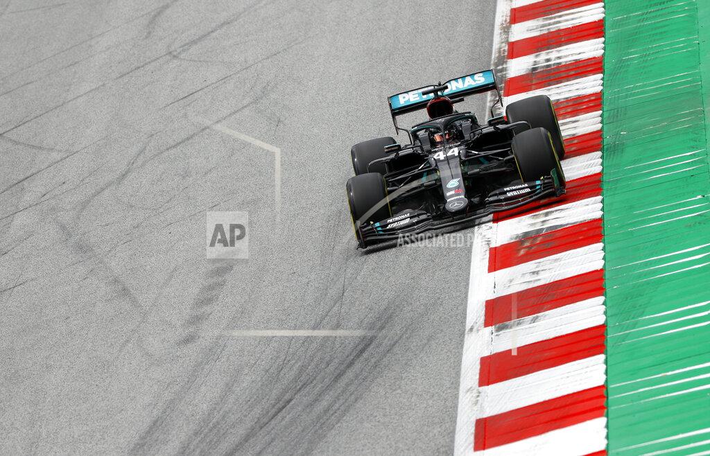 Leonhard Foeger Mercedes driver Lewis Hamilton of Britain steers his car during the second practice session at the Red Bull Ring racetrack in Spielberg, Austria, Friday, July 3, 2020. The Austrian Formula One Grand Prix will be held on Sunday. (Leonhard Foeger/Pool via AP)