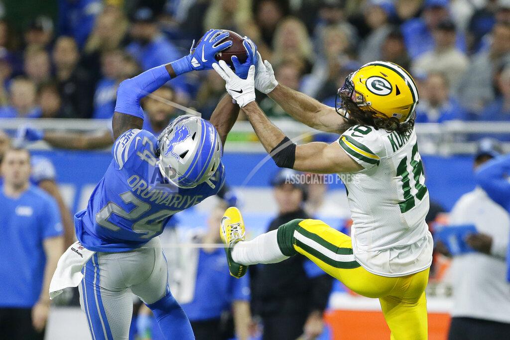 Duane Burleson Detroit Lions cornerback Amani Oruwariye (24) intercepts a pass intended for Green Bay Packers wide receiver Jake Kumerow (16) during the second half of an NFL football game, Sunday, Dec. 29, 2019, in Detroit. (AP Photo/Duane Burleson)