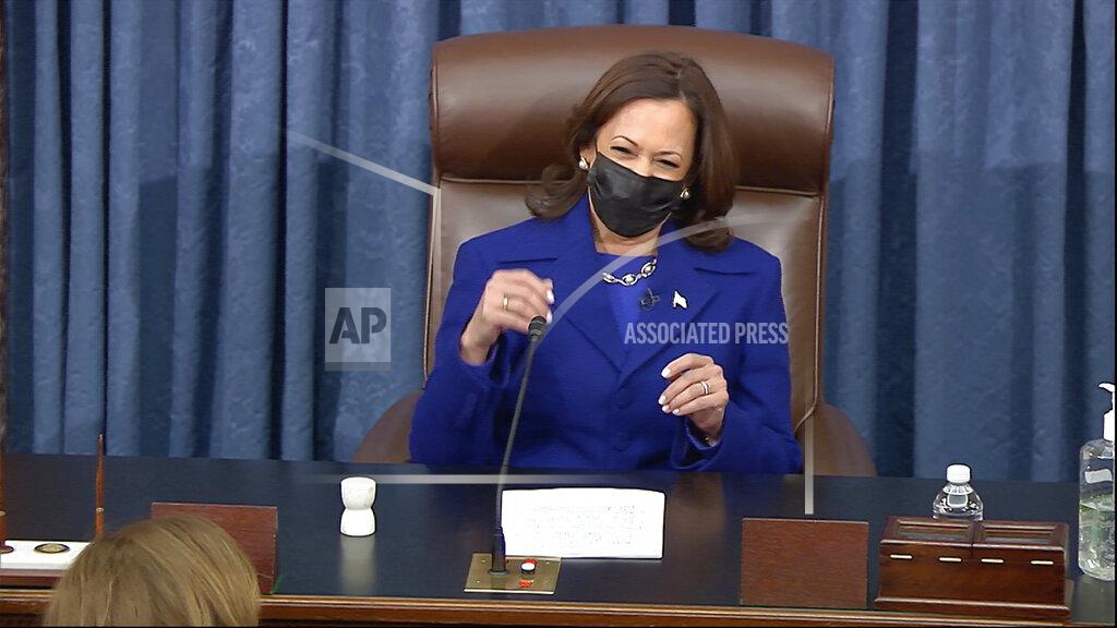 Uncredited In this image from video, Vice President Kamala Harris presides over the Senate Wednesday, Jan. 6, 2021, on Capitol Hill in Washington. (Senate Television via AP)