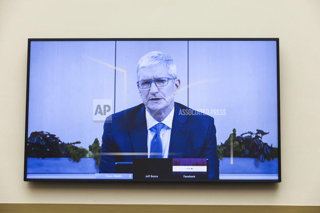 Graeme Jennings Apple CEO Tim Cook speaks via video conference during a House Judiciary subcommittee hearing on antitrust on Capitol Hill on Wednesday, July 29, 2020, in Washington. (Graeme Jennings/Pool via AP)
