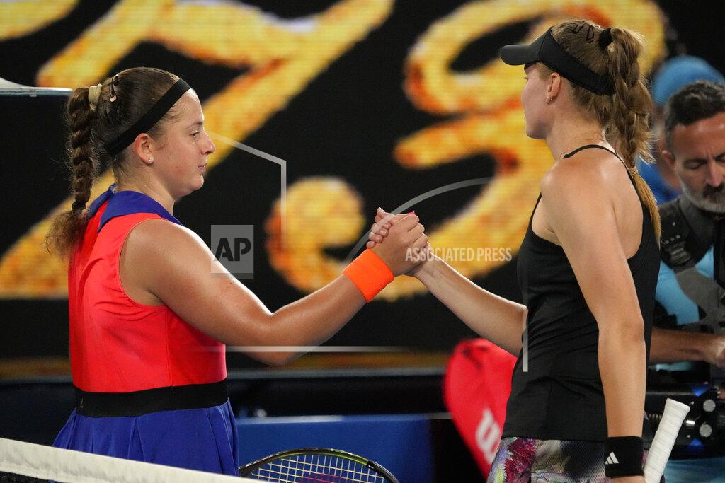 Aaron Favila Elena Rybakina, right, of Kazakhstan is congratulated by Jelena Ostapenko of Latvia following their quarterfinal match at the Australian Open tennis championship in Melbourne, Australia, Tuesday, Jan. 24, 2023. (AP Photo/Aaron Favila)
