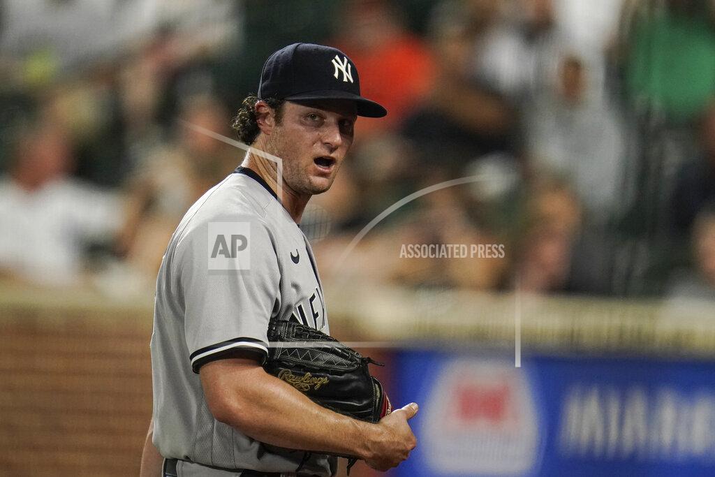 Julio Cortez New York Yankees starting pitcher Gerrit Cole talks to himself while heading to the dugout after pitching to the Baltimore Orioles during the third inning of a baseball game, Tuesday, Sept. 14, 2021, in Baltimore. (AP Photo/Julio Cortez)