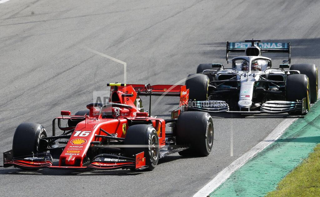 Antonio Calanni Ferrari driver Charles Leclerc of Monaco is chased by Mercedes driver Lewis Hamilton of Britain during the Formula One Italy Grand Prix at the Monza racetrack, in Monza, Italy, Sunday, Sept.8, 2019. (AP Photo/Antonio Calanni)