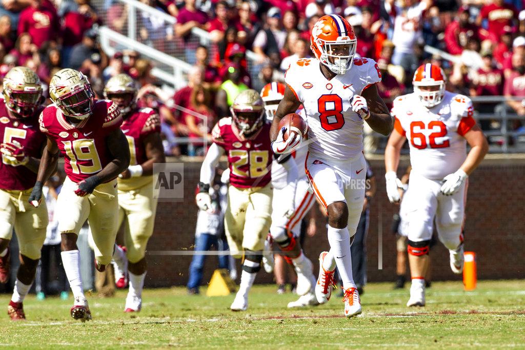 Mark Wallheiser Clemson wide receiver Justyn Ross runs for a touchdown after a reception against Florida State in the first half of an NCAA college football game in Tallahassee, Fla., Saturday, Oct.27, 2018. (AP Photo/Mark Wallheiser)