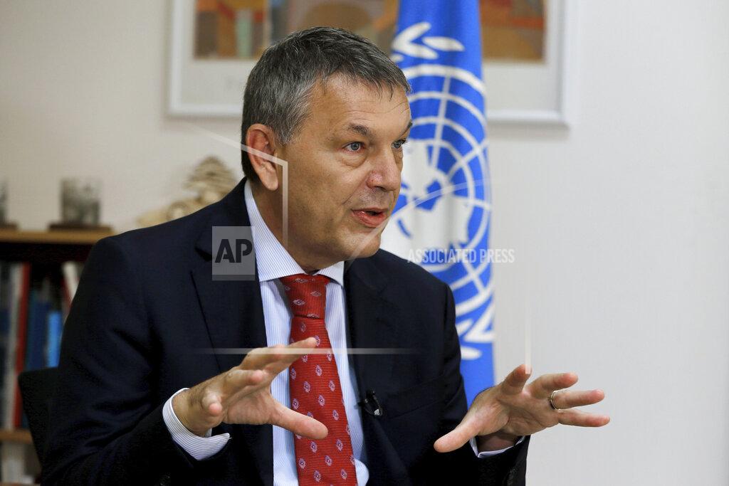 Bilal Hussein The Commissioner-General of the U.N. agency for Palestinian refugees Philippe Lazzarini, speaks during an interview with The Associated Press at the U.N. relief agency, UNRWA, headquarters in Beirut, Lebanon, Wednesday, Sept. 16, 2020. The financial crisis that the U.N. agency for Palestinian refugees is experiencing could lead to ceasing some of its activities in what would raise risks of instability in this volatile region, Lazzarini said Wednesday. (AP Photo/Bilal Hussein)
