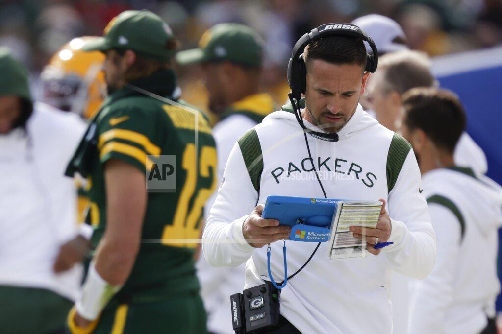 Matt Ludtke Green Bay Packers head coach Matt LaFleur looks at some plays during the first half of an NFL football game against the Washington Football Team Sunday, Oct. 24, 2021, in Green Bay, Wis. (AP Photo/Matt Ludtke)