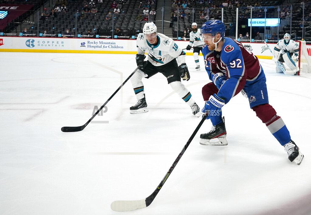 David Zalubowski Colorado Avalanche left wing Gabriel Landeskog, front, looks to pass the puck as San Jose Sharks center Patrick Marleau defends in the second period of an NHL hockey game Friday, April 30, 2021, in Denver. (AP Photo/David Zalubowski)