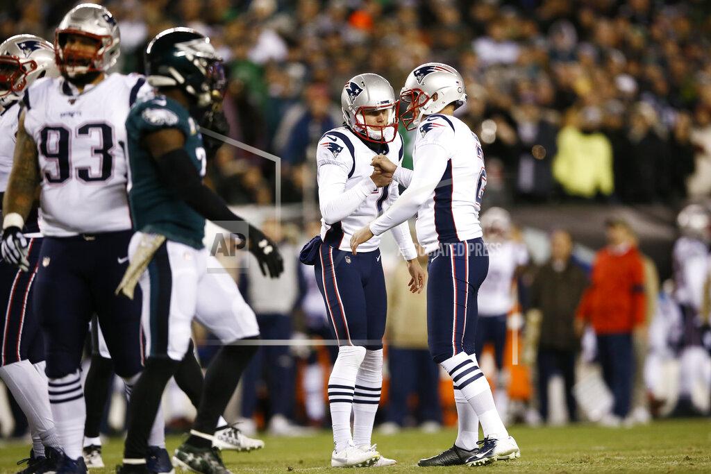 Michael Perez New England Patriots' Nick Folk (2) and Jake Bailey (7) celebrate after Folk's field goal during the first half of an NFL football game against the Philadelphia Eagles, Sunday, Nov. 17, 2019, in Philadelphia. (AP Photo/Michael Perez)