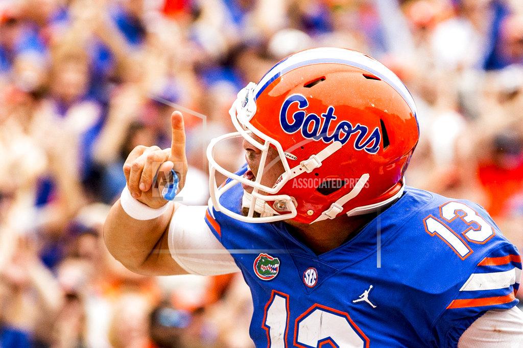 Lauren Bacho Florida quarterback Feleipe Franks (13) shushes the crowd after scoring a touchdown against South Carolina during an NCAA college football game, Saturday, Nov. 10, 2018, in Gainesville, Fla. (Lauren Bacho/The Gainesville Sun via AP)