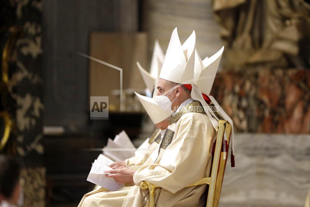 Andrew Medichini Cardinals attend a Chrism Mass celebrated by Pope Francis inside St. Peter's Basilica, at the Vatican, Thursday, April 1, 2021. During the Mass the Pontiff blesses a token amount of oil that will be used to administer the sacraments for the year. (AP Photo/Andrew Medichini, pool)