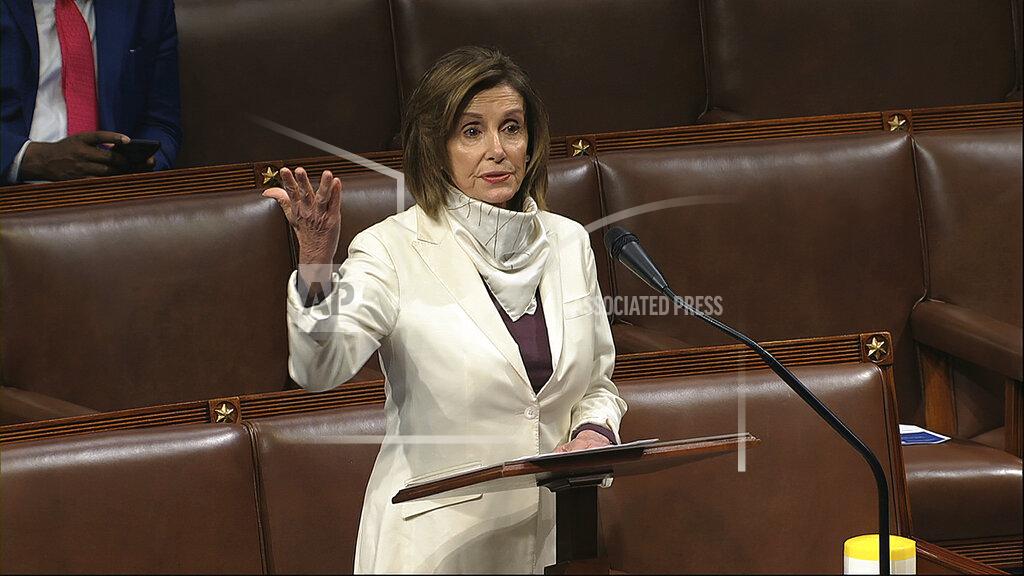 Uncredited In this image from video, House Speaker Nancy Pelosi of Calif., speaks on the floor of the House of Representatives at the U.S. Capitol in Washington, Thursday, April 23, 2020. (House Television via AP)