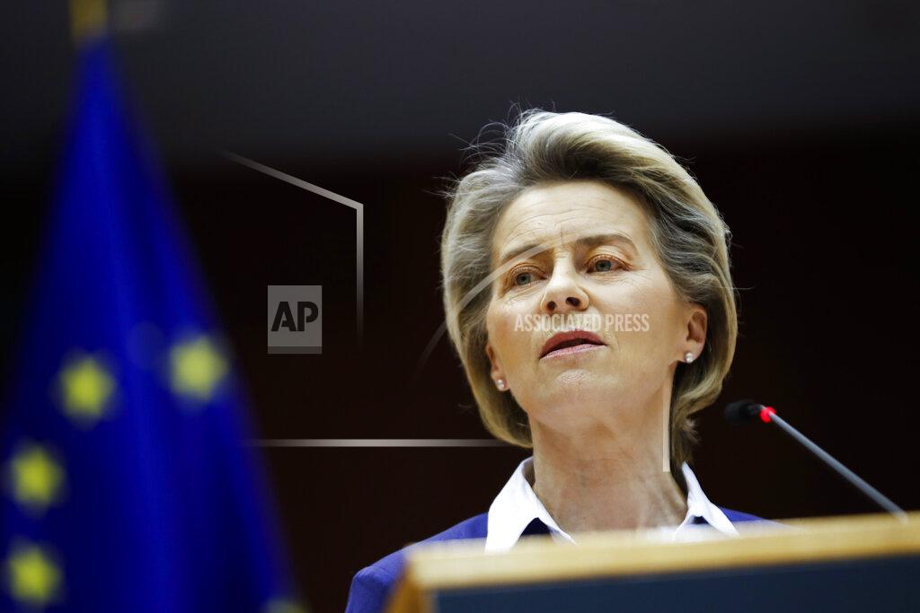 Francisco Seco European Commission President Ursula Von Der Leyen addresses European lawmakers during a plenary session on the inauguration of the new President of the United States and the current political situation, at the European Parliament in Brussels, Wednesday, Jan. 20, 2021. (AP Photo/Francisco Seco, Pool)