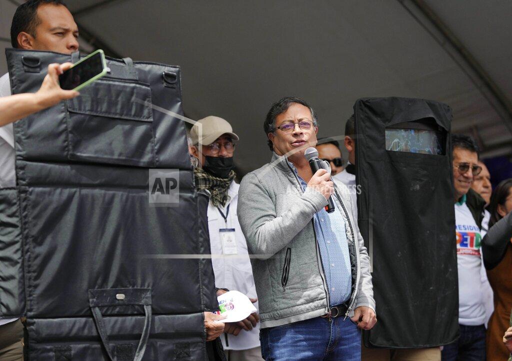 Fernando Vergara Gustavo Petro, presidential candidate with the Historical Pact coalition, talks to his supporters during a closing campaign rally in Zipaquira, Colombia, Sunday, May 22, 2022. Elections are set for May 29. (AP Photo/Fernando Vergara)