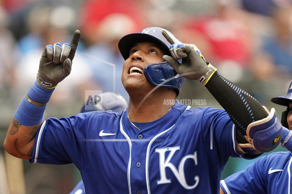 Tony Dejak Kansas City Royals' Salvador Perez looks up after hitting a two-run home run in the fifth inning in the first baseball game of a doubleheader against the Cleveland Indians, Monday, Sept. 20, 2021, in Cleveland. The home run broke Johnny Bench's record for the most home runs in a season by a primary catcher. (AP Photo/Tony Dejak)