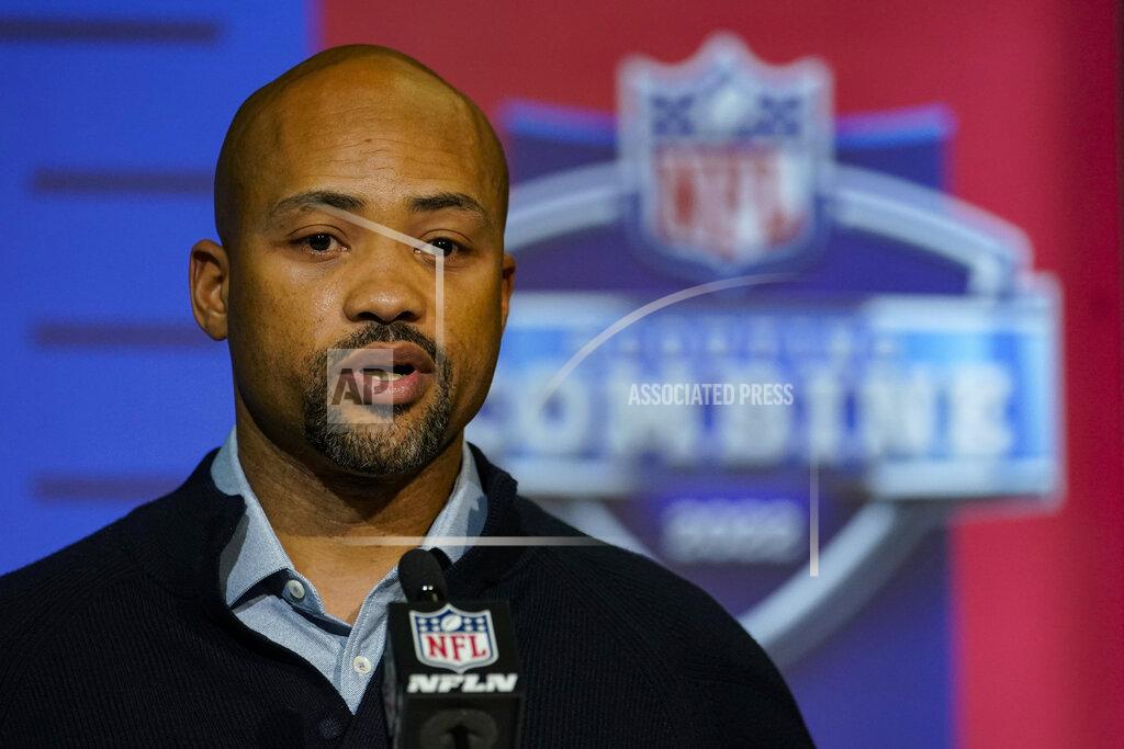 Michael Conroy FILE -Atlanta Falcons general manager Terry Fontenot speaks during a press conference at the NFL football scouting combine in Indianapolis, Tuesday, March 1, 2022. Atlanta Falcons general manager Terry Fontenot says the unusual uncertainty at the top of the first round of NFL draft on Thursday, April 28, 2022 adds difficulty to his attempts to make plans for the No. 8 overall pick.(AP Photo/Michael Conroy, File)