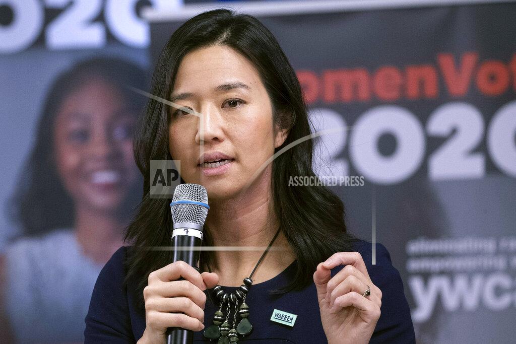 Mary Altaffer FILE - In this Jan. 29, 2020, file photo, Boston City Councilor Michelle Wu speaks on behalf of Sen. Elizabeth Warren, D-Mass., during the presidential campaign in Manchester, N.H. Wu is a candidate for mayor of Boston in the fall 2021 election. Boston is facing a historic political pivot with the expected departure of Mayor Marty Walsh to become President Joe Biden's labor secretary. When Walsh leaves, the city will see the elevation of the first woman and first Black Bostonian to the mayor's office with City Council President Kim Janey stepping in on an interim basis. (AP Photo/Mary Altaffer, File)
