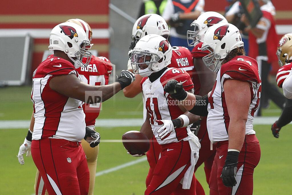 Josie Lepe Arizona Cardinals running back Kenyan Drake (41) is congratulated by teammates after scoring against the San Francisco 49ers during the second half of an NFL football game in Santa Clara, Calif., Sunday, Sept. 13, 2020. (AP Photo/Josie Lepe)