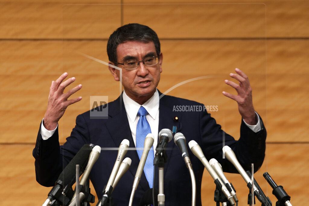 Hiro Komae Taro Kono, the Cabinet minister in charge of vaccinations, speaks during a news conference as he formally announces he's running for the leader of the Liberal Democratic Party in Tokyo, Friday, Sept. 10, 2021. The Liberal Democrats and their coalition partner have a majority in parliament, meaning whoever wins the Sept. 29 party vote is virtually guaranteed to become the new prime minister. Current Prime Minister Yoshihide Suga has said he won't run for the leadership of the governing party. (AP Photo/Hiro Komae)