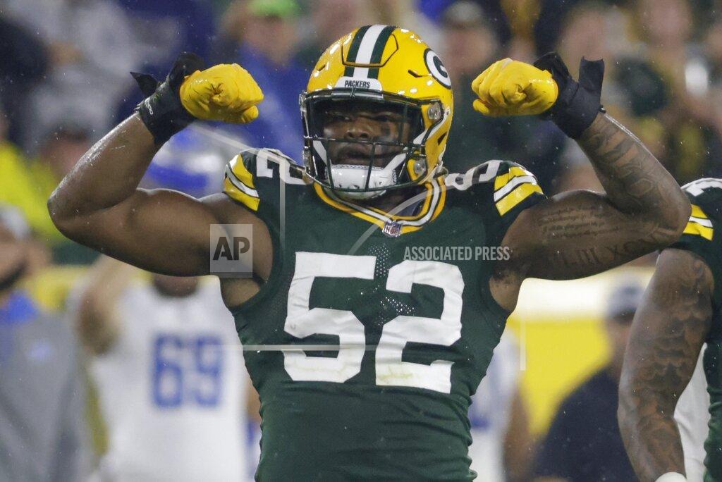 Mike Roemer Green Bay Packers' Rashan Gary reacts after forcing a fumble during the second half of an NFL football game against the Detroit Lions Monday, Sept. 20, 2021, in Green Bay, Wis. (AP Photo/Mike Roemer)