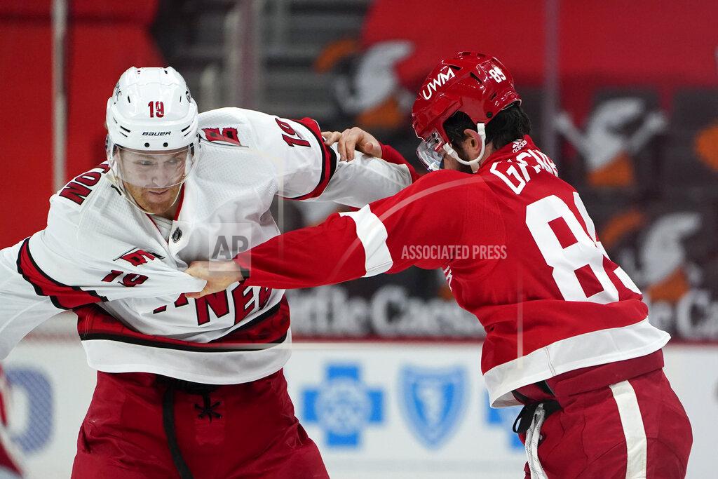 Paul Sancya Carolina Hurricanes defenseman Dougie Hamilton (19) and Detroit Red Wings center Sam Gagner (89) fight in the second period of an NHL hockey game Thursday, Jan. 14, 2021, in Detroit. (AP Photo/Paul Sancya)