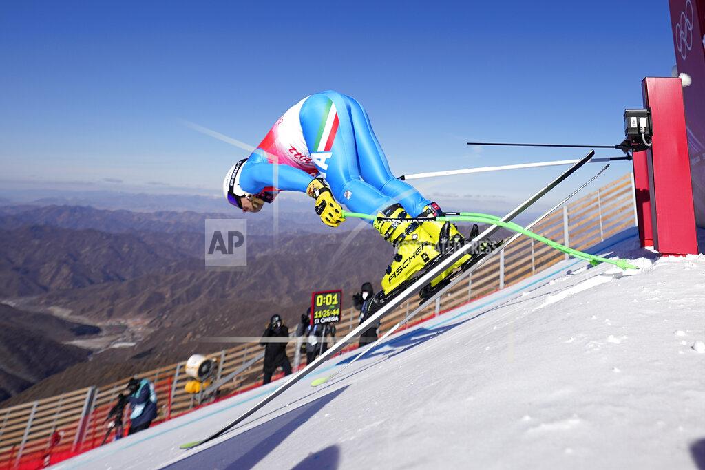 Luca Bruno Matteo Marsaglia, of Italy starts a men's downhill training run at the 2022 Winter Olympics, Thursday, Feb. 3, 2022, in the Yanqing district of Beijing. (AP Photo/Luca Bruno)