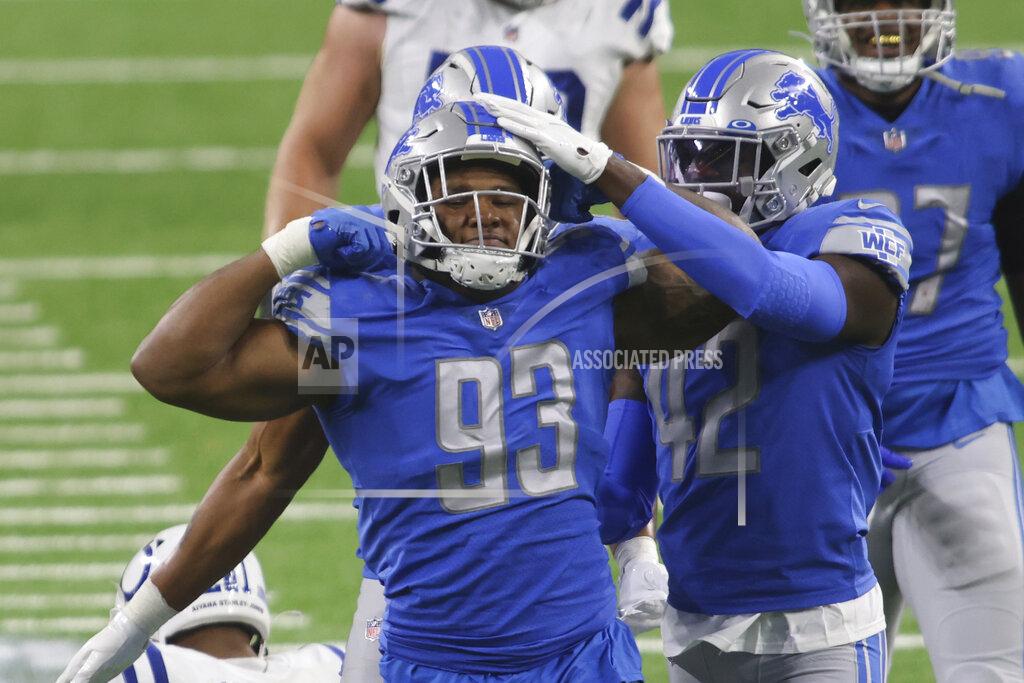 Tony Ding Detroit Lions defensive end Da'Shawn Hand (93) reacts after a play during the first half of an NFL football game against the Indianapolis Colts, Sunday, Nov. 1, 2020, in Detroit. (AP Photo/Tony Ding)