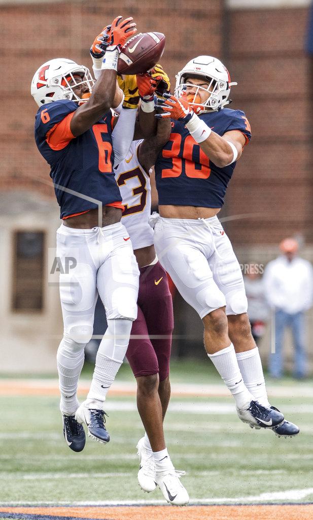 Holly Hart Illinois' Tony Adams (6) and Sydney Brown (30) go up for an interception in the first half of an NCAA college football game, Saturday, Nov. 3, 2018, in Champaign, Ill. (AP Photo/Holly Hart)