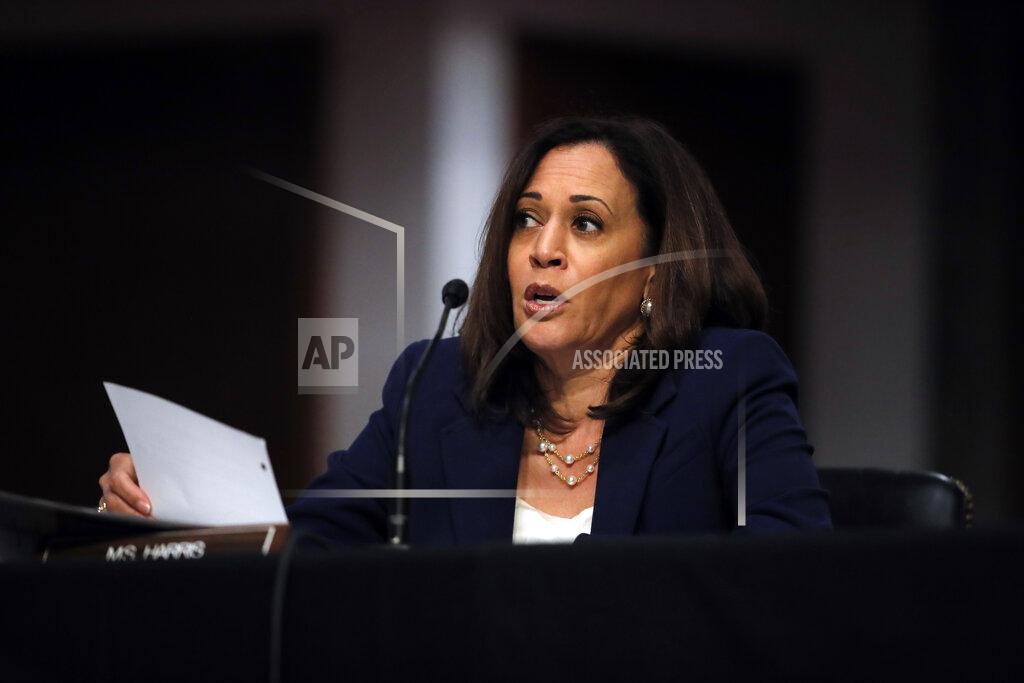 Carolyn Kaster FILE - In this June 11, 2020, file photo Sen. Kamala Harris, D-Calif., speaks during a Senate Judiciary Committee business meeting on Capitol Hill in Washington. Hearings before the Republican-led Senate Judiciary Committee will begin Monday, Oct. 12, for President Donald Trump’s Supreme Court nominee Judge Amy Coney Barrett. (AP Photo/Carolyn Kaster, Pool, File)