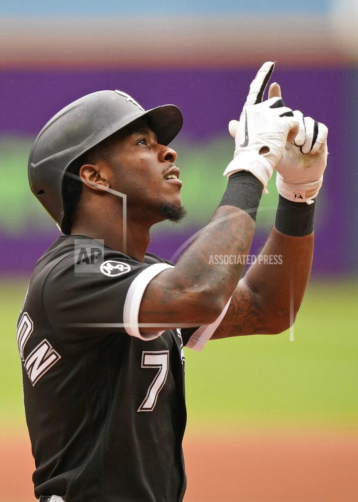 Tony Dejak Chicago White Sox's Tim Anderson celebrates after hitting a solo home run in the first inning in the first baseball game of a doubleheader against the Cleveland Indians, Thursday, Sept. 23, 2021, in Cleveland. (AP Photo/Tony Dejak)