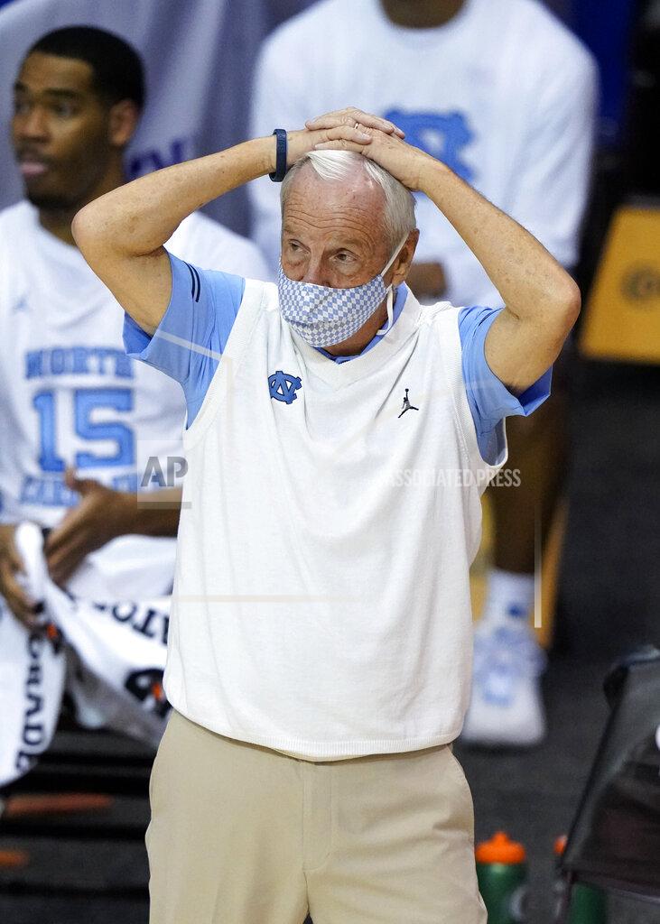 Kathy Kmonicek North Carolina head coach Roy Williams reacts as he watches team play in the second half of an NCAA college basketball game for the championship of the Maui Invitational, Wednesday, Dec. 2, 2020, in Asheville, N.C. Texas won 69-67. (AP Photo/Kathy Kmonicek)