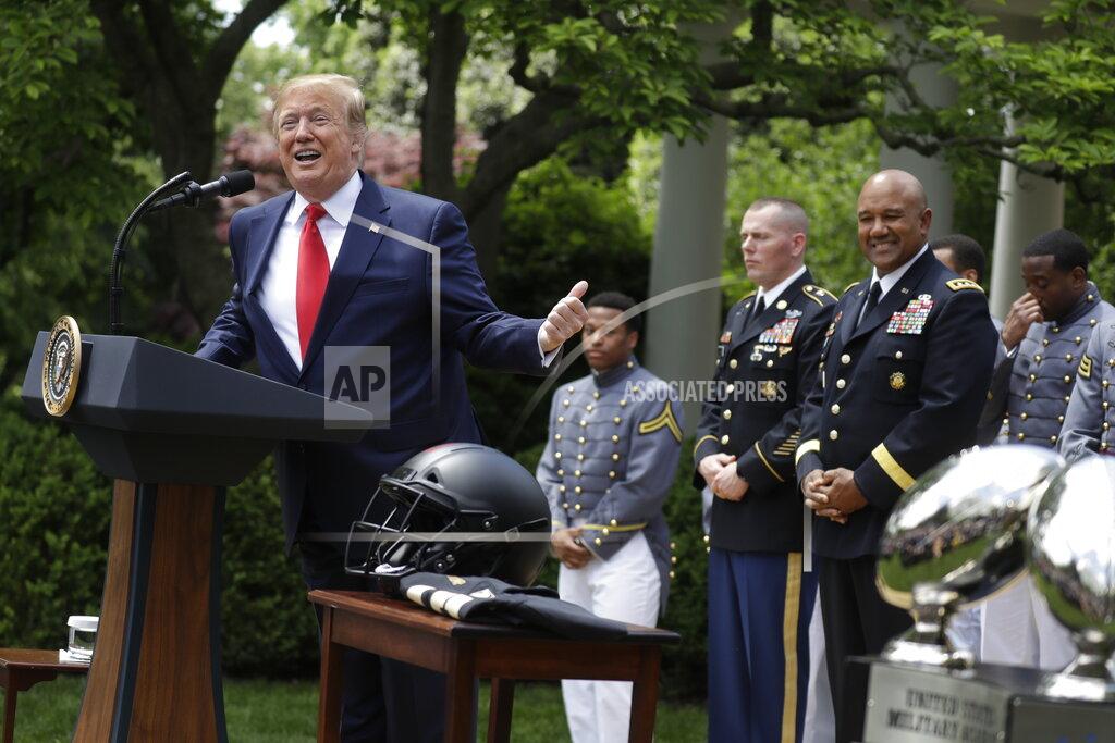 Evan Vucci President Donald Trump speaks during the presentation of the Commander-in-Chief's Trophy to the U.S. Military Academy at West Point football team, in the Rose Garden of the White House, Monday, May 6, 2019, in Washington. (AP Photo/Evan Vucci)