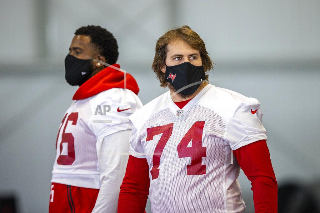 Tori Richman Tampa Bay Buccaneers guard Ali Marpet walks between drills during NFL football practice, Tuesday, Feb. 2, 2021 in Tampa, Fla. The Buccaneers will face the Kansas City Chiefs in Super Bowl 55. (Tori Richman/Tampa Bay Buccaneers via AP)