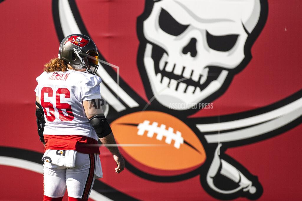 Kyle Zedaker Tampa Bay Buccaneers center Ryan Jensen during NFL football practice, Thursday, Feb. 4, 2021 in Tampa, Fla. The Buccaneers will face the Kansas City Chiefs in Super Bowl 55. (Kyle Zedaker/Tampa Bay Buccaneers via AP)