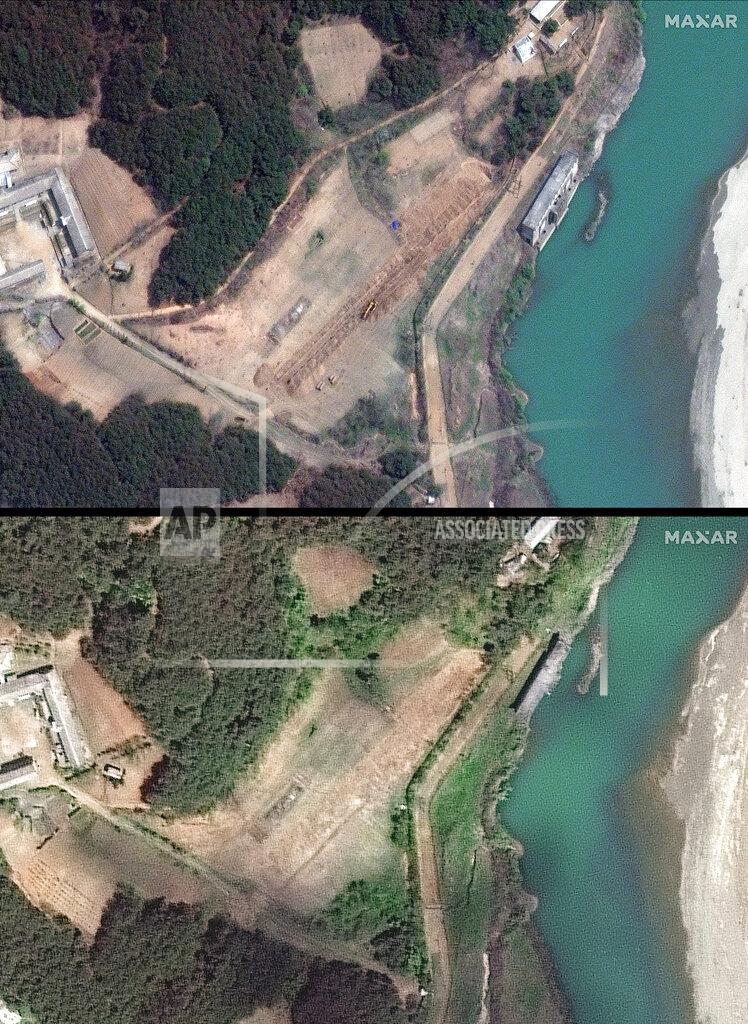 Uncredited This combination of the satellite images provided by Maxar Technologies shows a closer view of new excavation at the Yongbyon facility in North Korea, April 20, 2022, top, and a closer view of area after excavation at the Yongbyon facility in North Korea, May 7, 2022. (Satellite image ©2022 Maxar Technologies via AP)