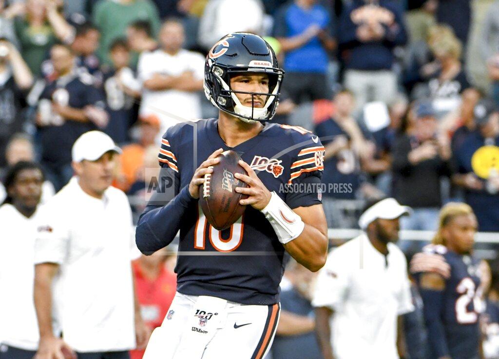 David Banks Chicago Bears' Mitchell Trubisky warms up before an NFL football game against the Green Bay Packers Thursday, Sept. 5, 2019, in Chicago. (AP Photo/David Banks)