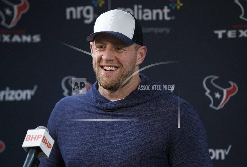 Houston Texans J.J. Watt speaks during a press conference on Tuesday, Dec. 24, 2019, in Houston. Watt will return to practice with the Houston Texans on Tuesday, clearing the way for the star defensive end to play in the team's playoff game in two weeks. (Yi-Chin Lee/Houston Chronicle via AP)