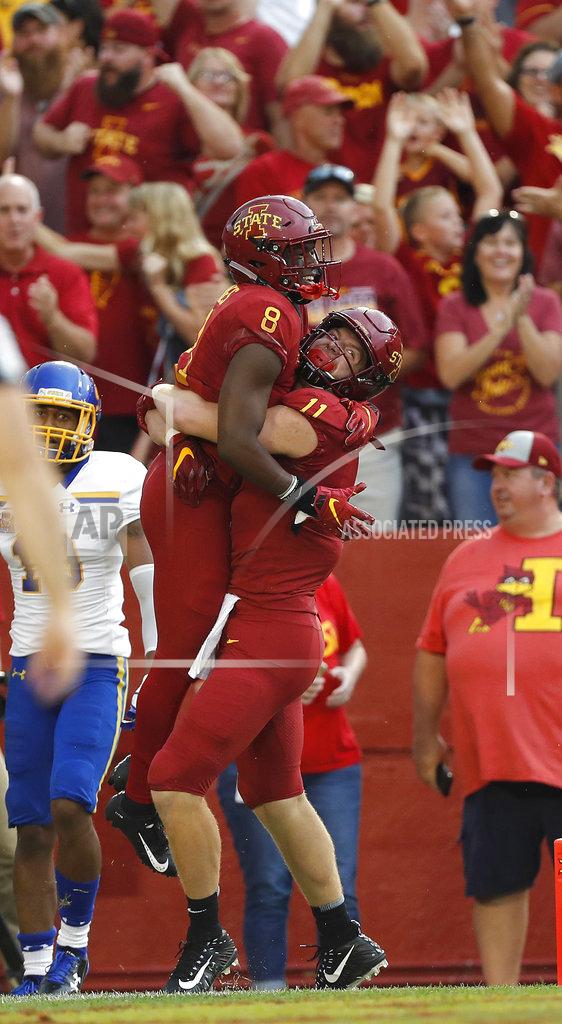 Matthew Putney Iowa State tight end Chase Allen, right, hoists up wide receiver Deshaunte Jones, left, after Jones ran in a touchdown during the first half of an NCAA college football game, Saturday, Sept. 1, 2018, in Ames, Iowa. (AP Photo/Matthew Putney)