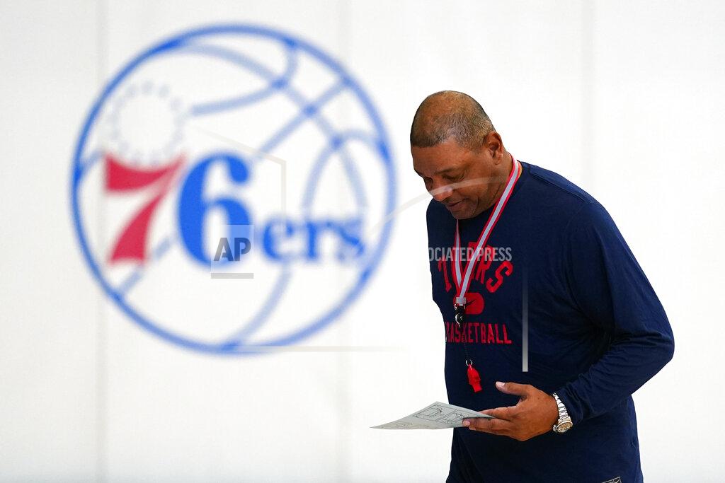 Matt Rourke Philadelphia 76ers head coach Doc Rivers walks to speak with members of the media after a practice at the NBA basketball team's facility, Monday, Oct. 18, 2021, in Camden, N.J. (AP Photo/Matt Rourke)