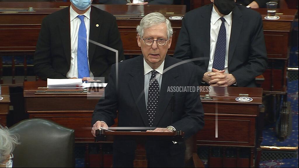 Uncredited In this image from video, Senate Majority Leader Mitch McConnell of Ky., speaks as the Senate reconvenes after protesters stormed into the U.S. Capitol on Wednesday, Jan. 6, 2021. (Senate Television via AP)