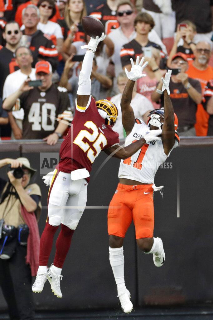 Ron Schwane Washington Redskins cornerback Jimmy Moreland (25) breaks up a pass intended for Cleveland Browns wide receiver Antonio Callaway (11) during the first half of an NFL preseason football game Thursday, Aug. 8, 2019, in Cleveland. (AP Photo/Ron Schwane)
