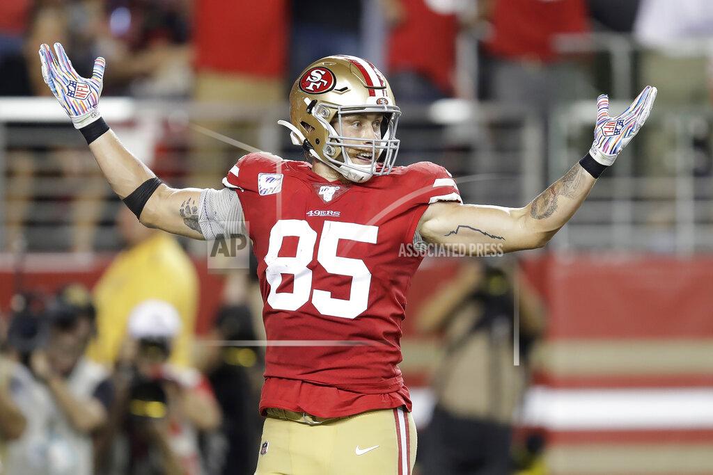Ben Margot San Francisco 49ers tight end George Kittle (85) celebrates after scoring against the Cleveland Browns during the second half of an NFL football game in Santa Clara, Calif., Monday, Oct. 7, 2019. (AP Photo/Ben Margot)
