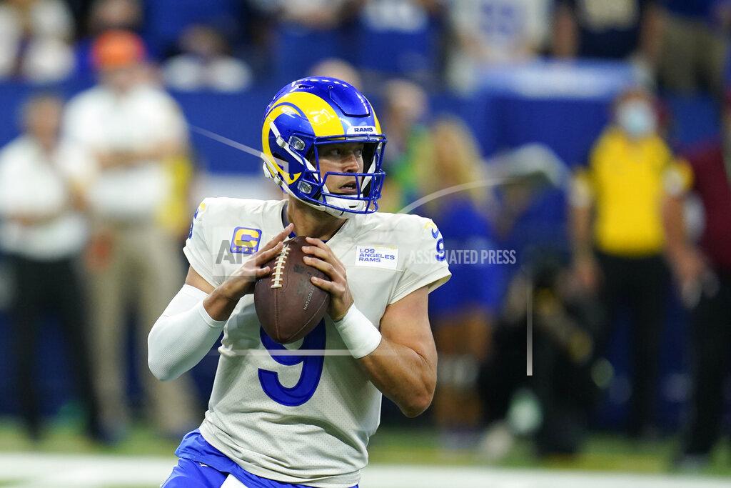 Michael Conroy Los Angeles Rams quarterback Matthew Stafford (9) throws during the first half of an NFL football game against the Indianapolis Colts, Sunday, Sept. 19, 2021, in Indianapolis. (AP Photo/Michael Conroy)