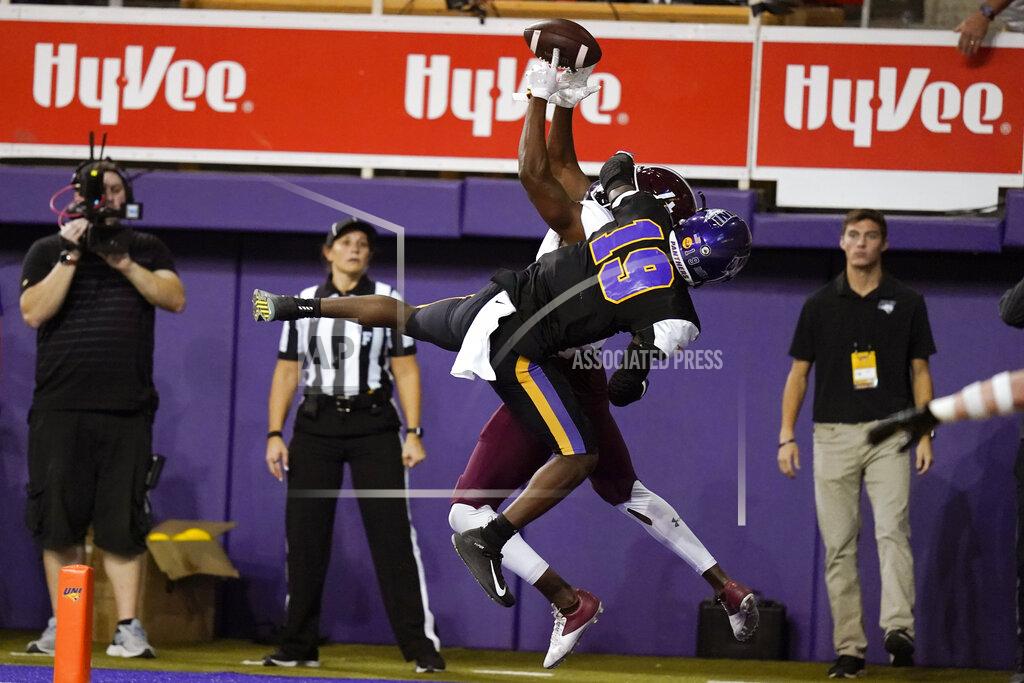 Charlie Neibergall Northern Iowa defensive back Stefan Black II (19) breaks up a pass in the end zone intended for Southern Illinois wide receiver Jerron Rollins during the second half of an NCAA college football game, Saturday, Oct. 30, 2021, in Cedar Falls, Iowa. Northern Iowa won 23-16. (AP Photo/Charlie Neibergall)