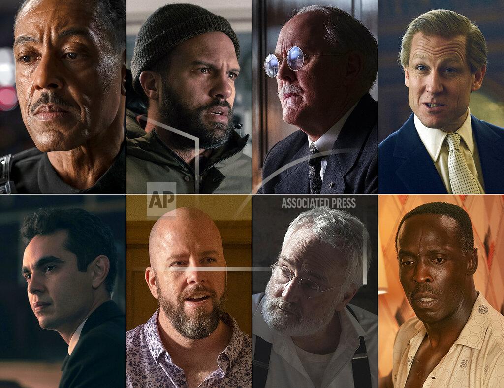 Uncredited This combination photo shows Emmy nominees for supporting actor in a drama series, top row from left, Giancarlo Esposito in "The Mandalorian," O-T Fagbenle in "The Handmaid's Tale," John Lithgow in "Perry Mason," Tobias Menzies in "The Crown," bottom row from left, Max Minghella in "The Handmaid's Tale," Chris Sullivan in "This Is Us," Bradley Whitford in "The Handmaid's Tale," and Michael K. Williams in "Lovecraft Country." (Disney+/Hulu/HBO/Netflix/Hulu/NBC/Hulu/HBO via AP)