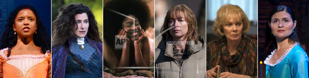 Uncredited This combination of photos shows Emmy nominees for supporting actress in a limited or anthology series or movie, from left, Renee Elise Goldsberry in "Hamilton," Kathryn Hahn in "WandaVision," Moses Ingram in "The Queen's Gambit," Julianne Nicholson in "Mare of Easttown," Jean Smart in "Mare of Easttown," and Phillipa Soo in "Hamilton." (Disney+/Disney+/Netflix/HBO/HBO/Disney+ via AP)