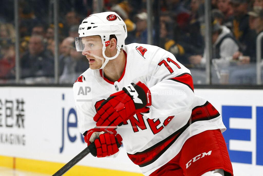 Michael Dwyer FILE - In this Dec. 3, 2019, file photo, Carolina Hurricanes' Lucas Wallmark plays against the Boston Bruins during an NHL hockey game in Boston. The Florida Panthers traded Vincent Trocheck to the Carolina Hurricanes for Erik Haula, Lucas Wallmark and prospects Chase Priskie and Eetu Luostarinen, Monday, Feb. 24, 2020. (AP Photo/Michael Dwyer, File)