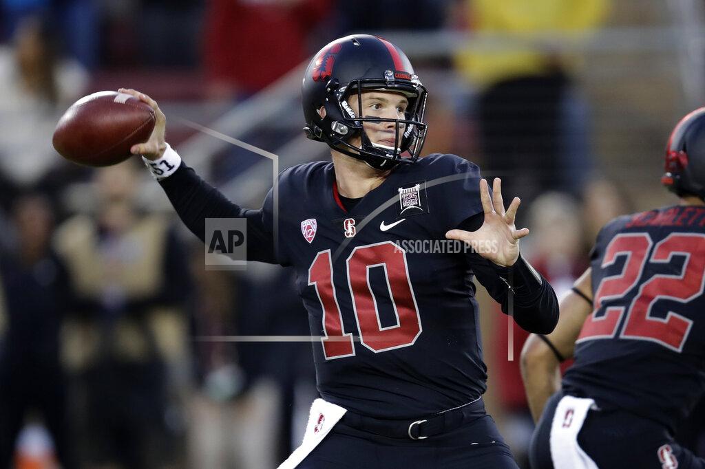 Ben Margot FILE- In this Oct. 17, 2019, file photo, Stanford quarterback Jack West throws a pass during the first half of the team's NCAA college football game against UCLA in Stanford, Calif. Both senior Jack West and 6-foot-6 sophomore Tanner McKee will get snaps under center in their opener against Kansas State. West has played in five career games, McKee one. (AP Photo/Ben Margot, File)